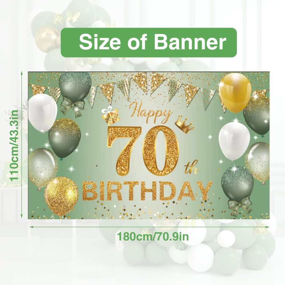 Moorle 70th Birthday Banner Decorations, Large Sage Green Gold Happy 70th Birthday Banner, 70th Birthday Backdrop Banner for Women Men, Shiny 70th Birthday Anniversary Photo Booth Background 180×110cm - Image 5