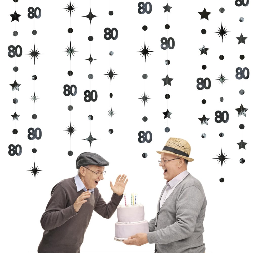 Black 80th Birthday Decorations Number 80 Circle Dot Twinkle Star Garland Metallic Streamer Bunting Banner Backdrop for Women Mens Cheers to 80 Years Old Birthday 80th Anniversary Party Supplies - Image 3