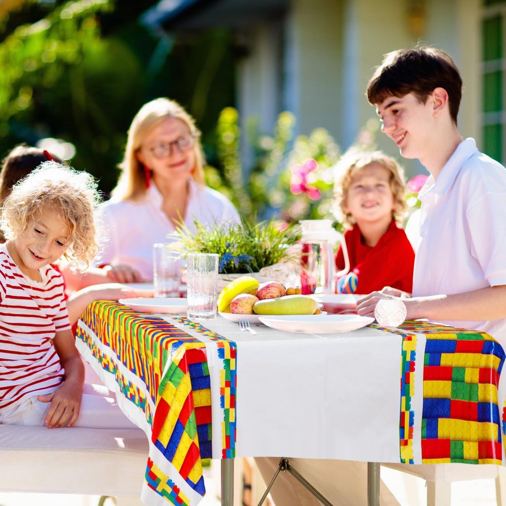 Panelee Building Blocks Party Supplies Birthday Plastic Tablecloth 70.87 x 42.5 Inches Rectangle Block Birthday Plastic Tablecover Multicolor Toy Bricks Birthday Table Cloth for Kids' Party - Image 2