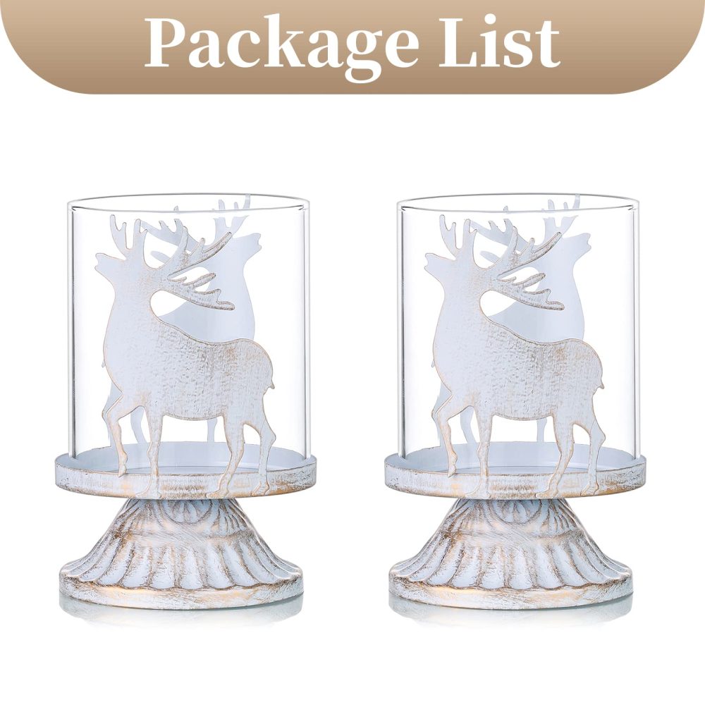 Sziqiqi Vintage Antique Metal Pillar Candle Holders Set of 2, Distressed Hurricane Candlestick Candle Holders Prefer Centerpieces for Christmas Table Mantle Fireplace Decoration, Deer - Image 2
