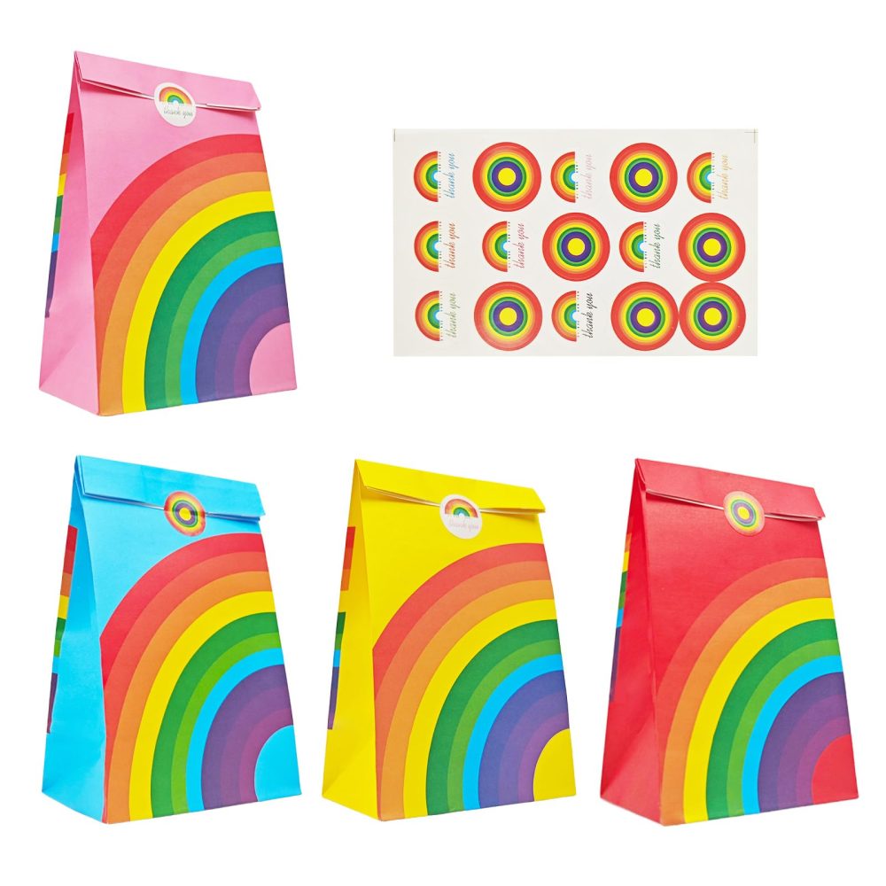 12 Pieces Rainbow Goody Bags with Sticker, Reusable Rainbow Stripe Paper Bags, Rainbow Sweet Treat Kraft Bags, Multi-Color Flat Bottom Paper Bags, Kraft Gift Bags for Baby Baptism Wedding Party
