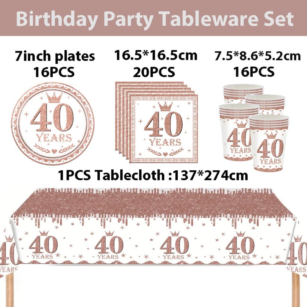 53Pcs Rose Gold 40th Birthday Party Tableware Decorations,40th Birthday Table Cloth Plates and Napkins Cups Sets for Her Women Birthday Table Decorations for 40th Birthday Gifts Dinnerware Supplies - Image 5
