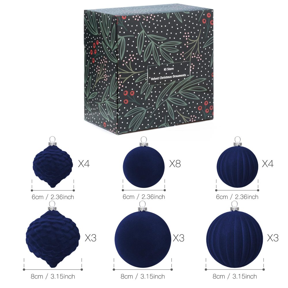 KI Store Blue Velvet Christmas Baubles 25pcs Shatterproof Flocked Christmas Tree Ornaments 80mm 60mm Assorted for Xmas Tree Decorations - Image 2