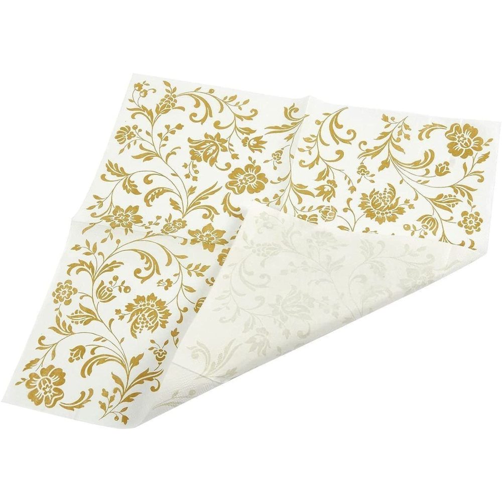100 Pack Gold and White Floral Paper Napkins, Disposable Party Napkins, Soft Serviettes for Wedding, Anniversary Party Supplies, 16.5 x 16.5 cm - Image 4