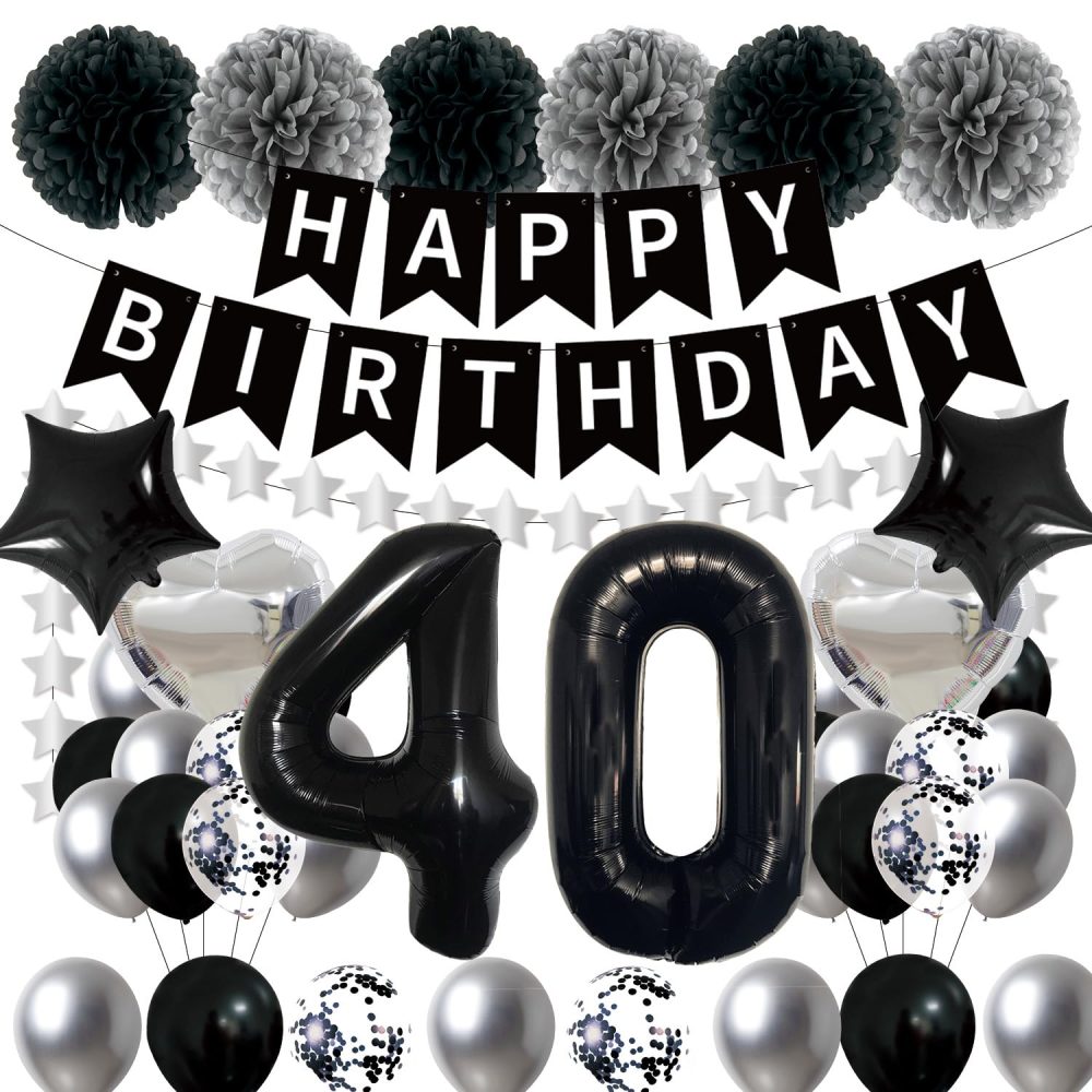 Afritee 40th Birthday Balloon Decorations - Black and Silver Happy Birthday Balloons for Men Women Happy 40th Birthday Banner Large 40" 40 Foil Balloons Cool 40th Birthday Balloons Set Supplies