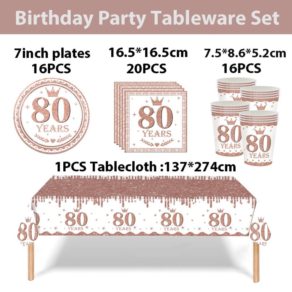 53Pcs Rose Gold 80th Birthday Party Tableware Decorations,80th Birthday Table Cloth Plates and Napkins Cups Sets for Her Women Birthday Table Decorations for 80th Birthday Gifts Dinnerware Supplies - Image 5