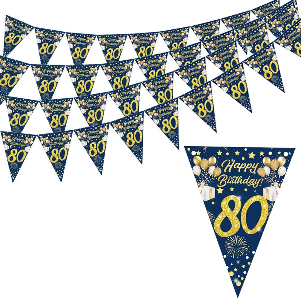 Happy 30/50/80th Birthday Banner Bunting Flags, 30/50/80th Birthday Decorations, Gold Glitter Birthday Anniversary Party Decoration Supplies, Birthday Triangle Flag Banners for Men Women (Blue 80th) - Image 3
