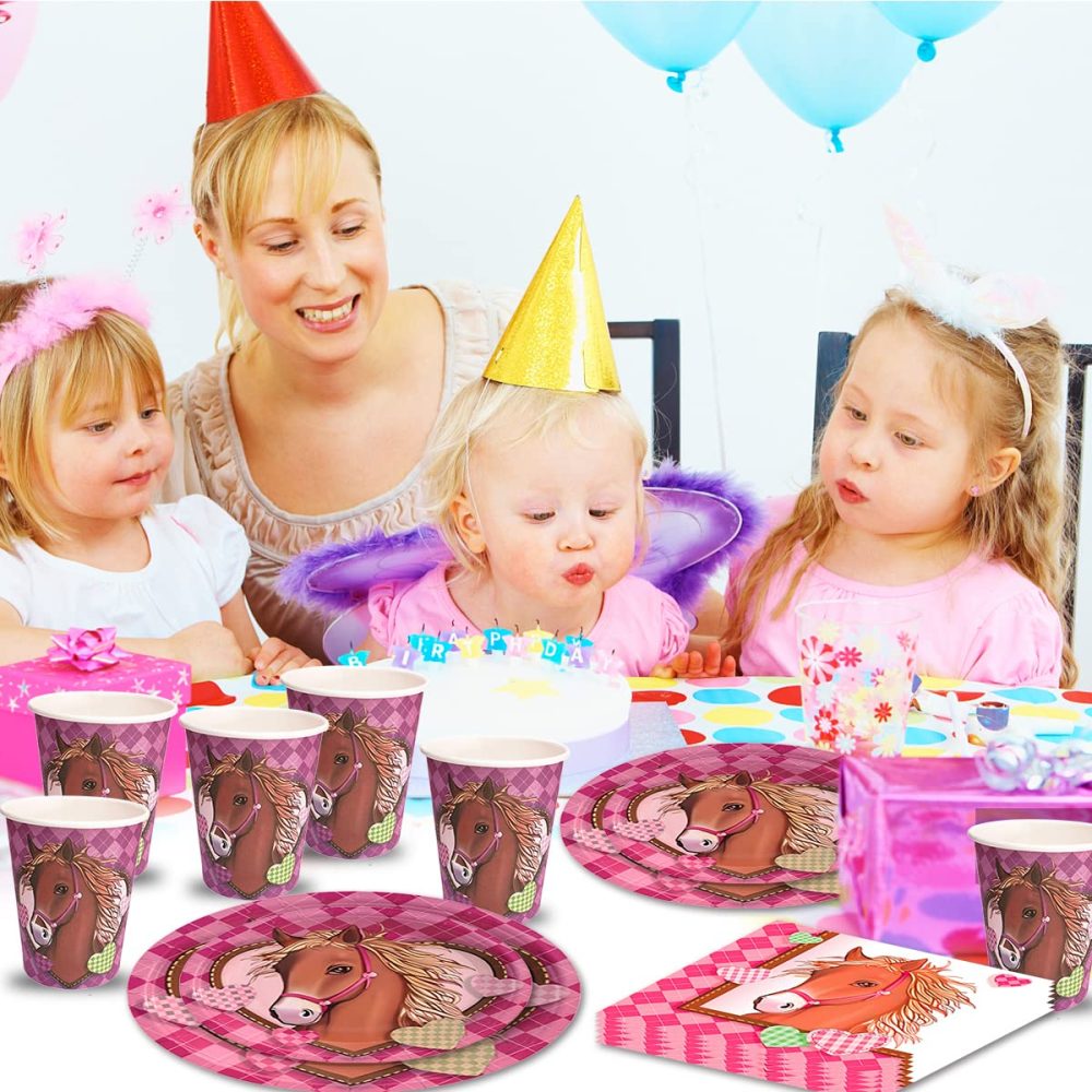 Horse Party Decorations 64 Pcs Horse Tableware Set Party Reusable Tableware Plates Paper Cups Napkins for Girls Kids Birthday Dinner Dessert Baby Shower Pink - Image 6