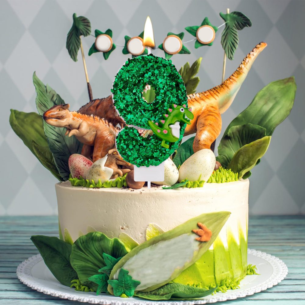 Dinosaur Birthday Candle, Green Sequin Birthday Candle Number Candle 3D Dinosaur Cake Candle Cake Topper Candle for Birthday Party Dinosaur Theme Party Decorations (9) - Image 4