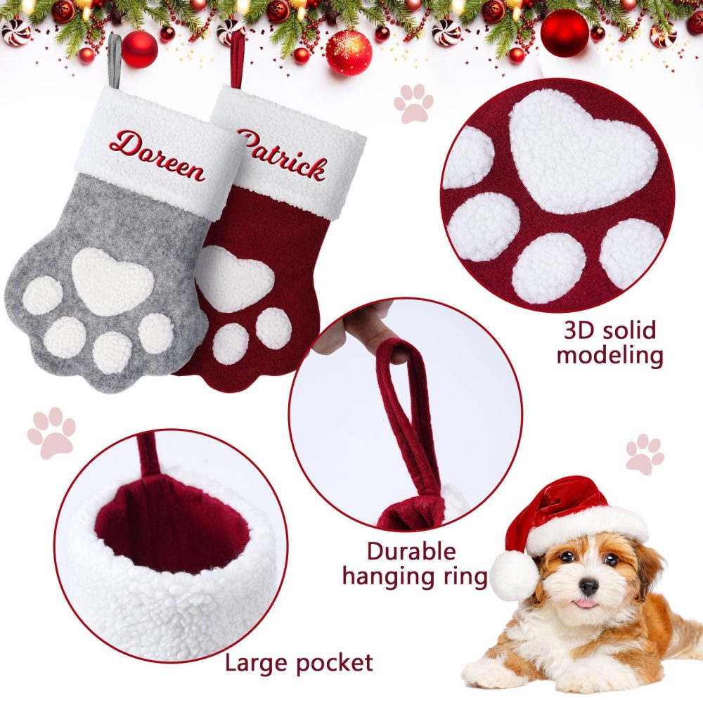 Jodimitty Pet Personalized Christmas Stockings 15"/39cm Large Cloth Christmas Stocking Embroidered Name, Cute Paw Shape Stocking for Family Pet, Christmas Tree Fireplace Decorations - Image 5