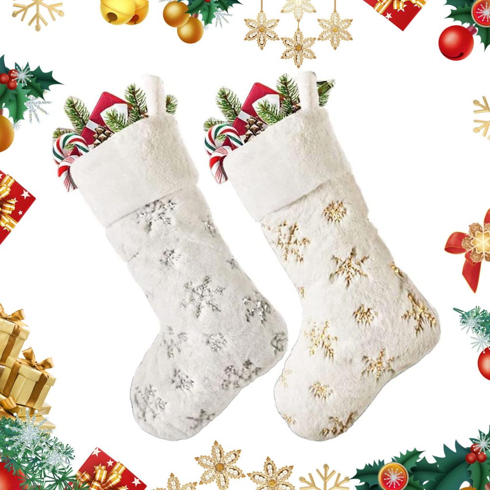Christmas Stockings 2 Pack Xmas Hanging Stockings White Plush Xmas Stockings Gold Snowflake Decoration Stockings for Christmas Tree Decoration Santa Home Fireplace Family Friend Gift