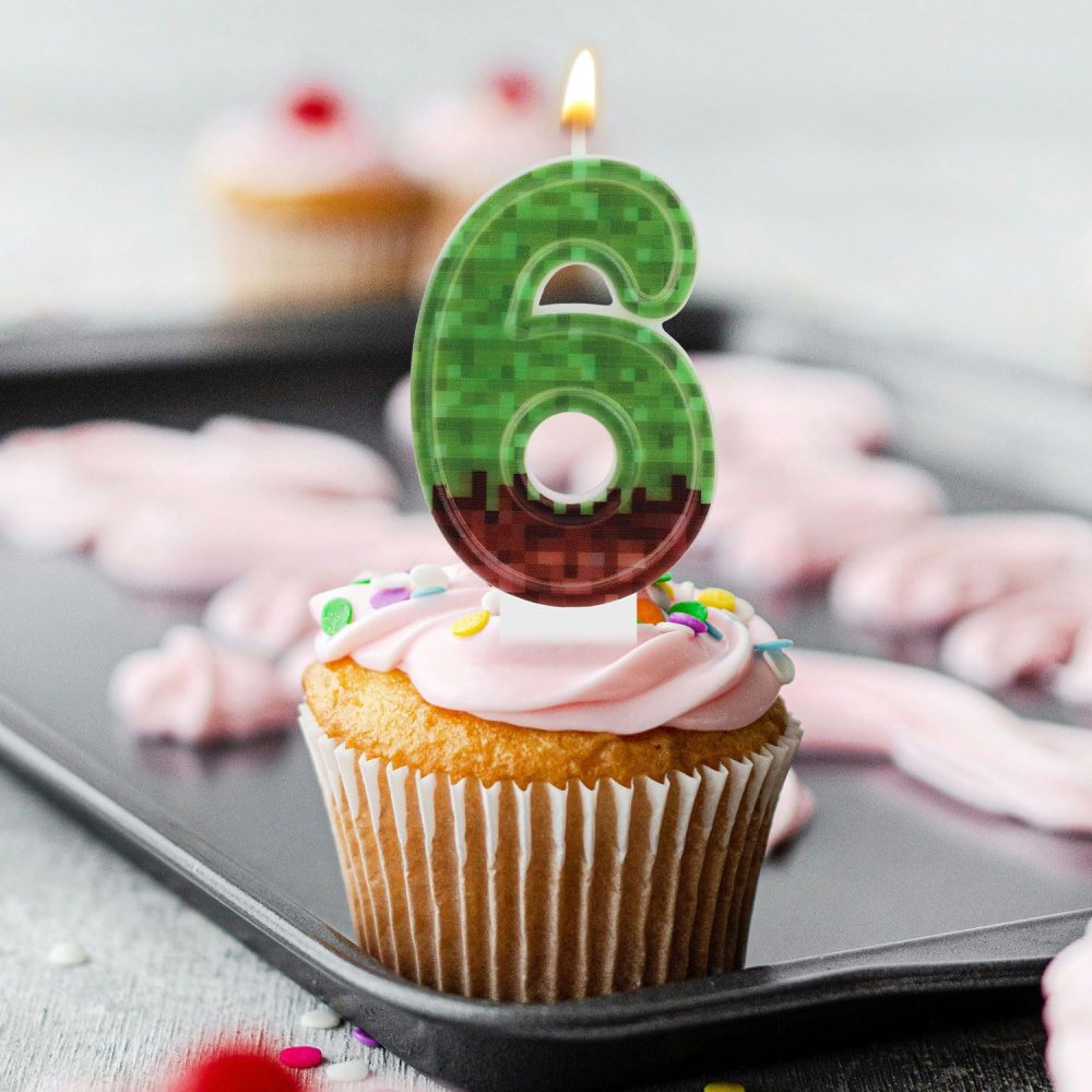 Birthday Number Candle, Green Brown Pixel Gaming Birthday Number Candles Paraffin Number Candle Cupcake Toppers Cake Decorations for Happy Birthday Party Game (Number 6) - Image 4