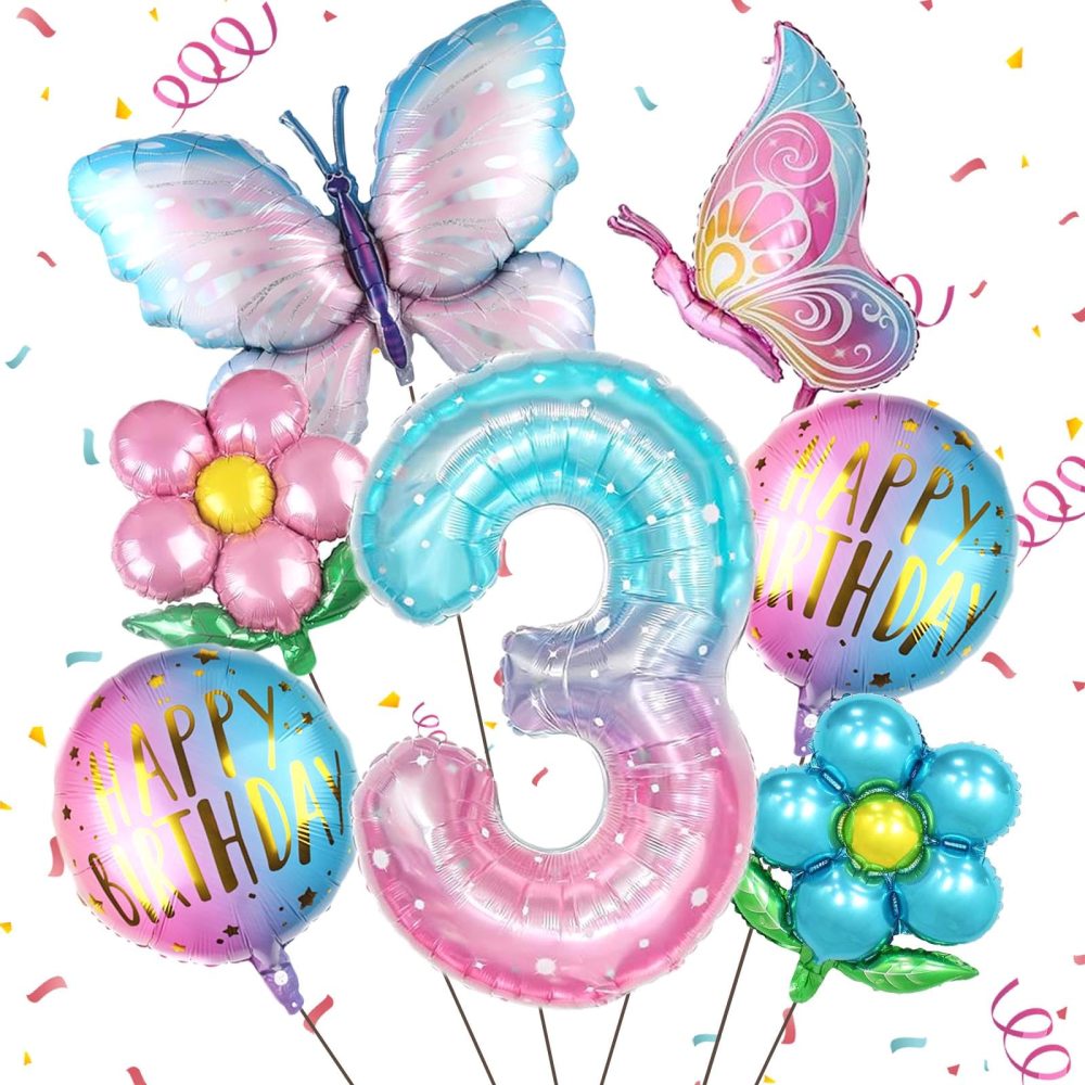 Oynearo Butterfly Balloons 3rd Birthday Decorations for Girl Flowers Balloon and Round Gradient Balloons for Birthday Baby Shower Party Supplies Decor（Number 3）