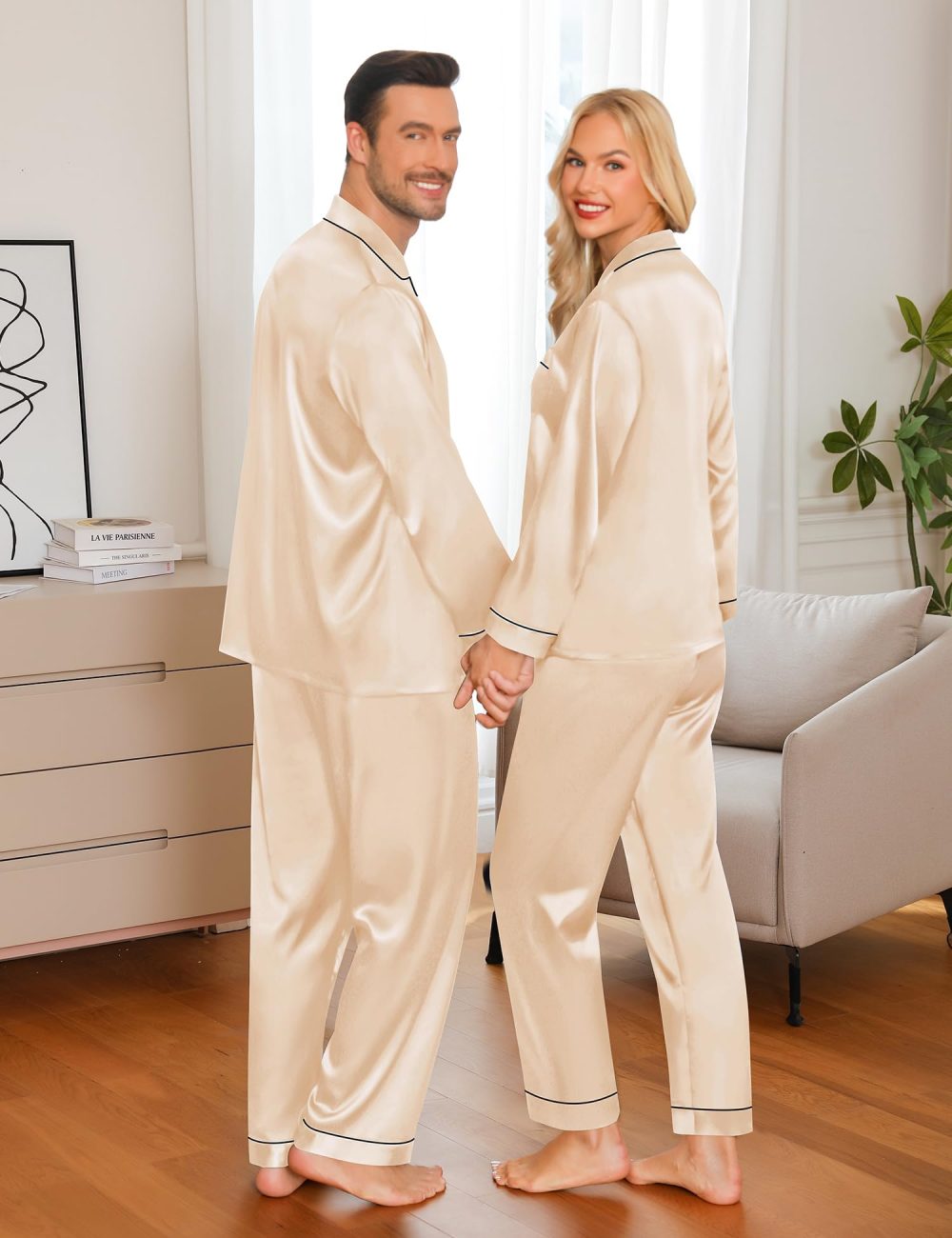 SWOMOG Mens Matching Pyjamas Set Silk Satin Button Down Sleepwear Long Sleeve Nightwear 2 Pcs Pj Set Men Champagne XX-Large - Image 4