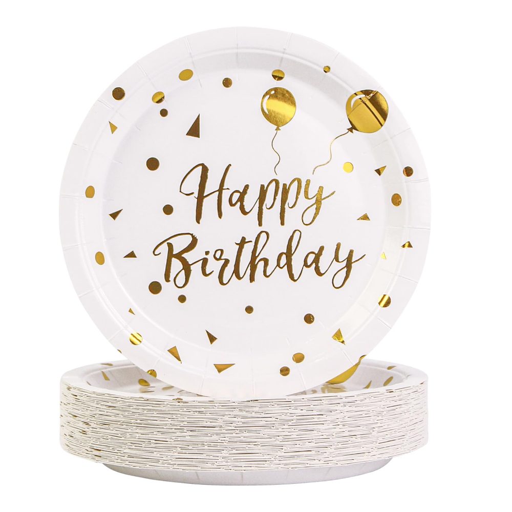 BOKFJBP 50 Pack Happy Birthday Party Paper Plates, 7 inch White and Gold Paper Plates, White Paper Plates Small Paper Plates Tableware for White and Gold Birthday Decorations