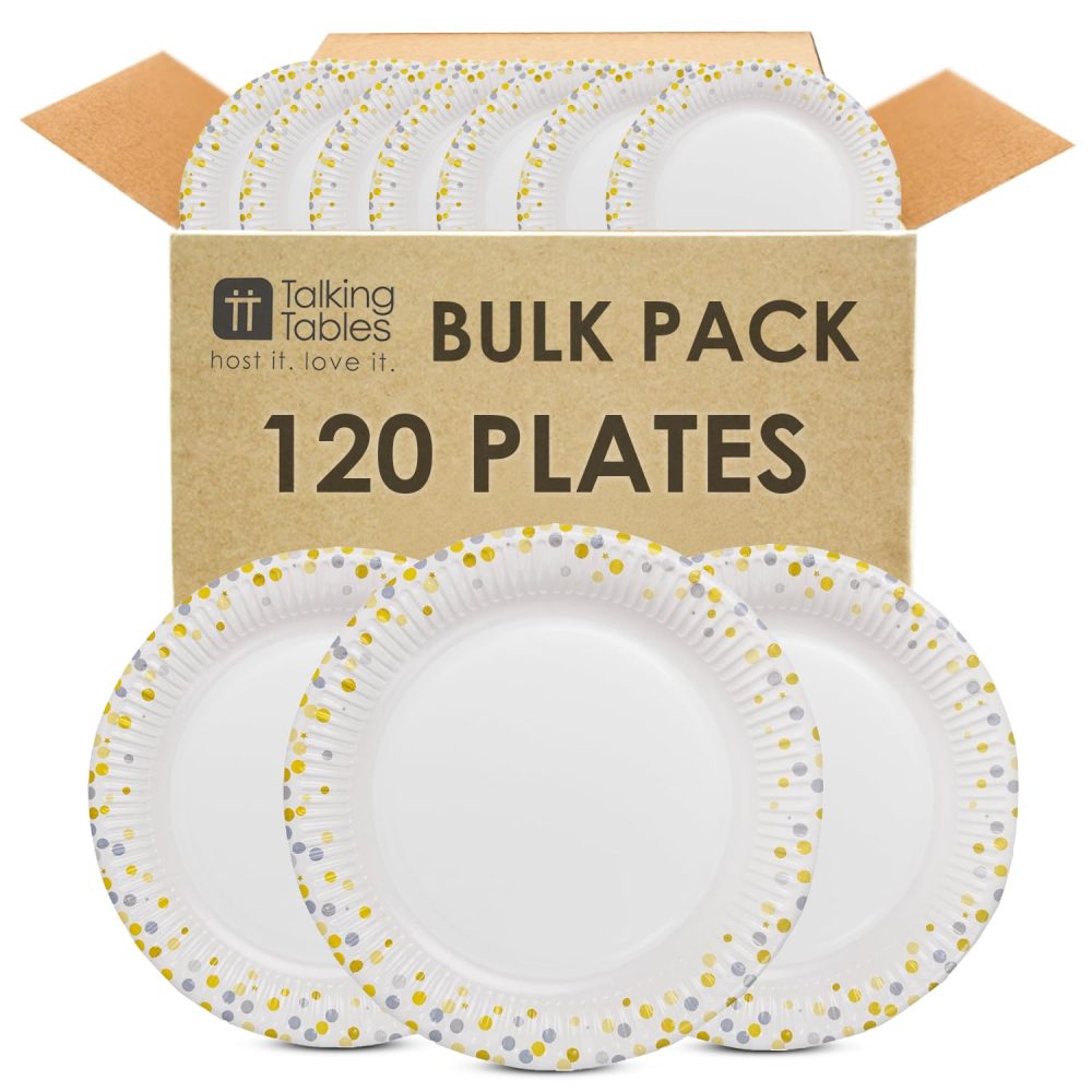 Talking Tables 120 x Disposable Paper Plates with Gold and Silver Stars Elegant Party Tableware for Christmas, NYE Party, Birthday Wedding Baby Shower Wedding Anniversary 23cm,