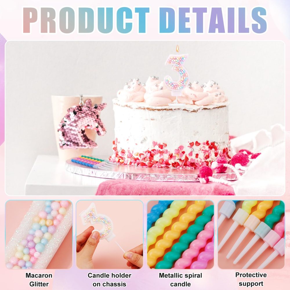 Macaron Number Birthday Candles, Sweet Number Candles with 12pcs Rainbow Spiral Candles Candy Color Cake Topper Candle for Anniversary Party Wedding Boys Girls (3) - Image 6