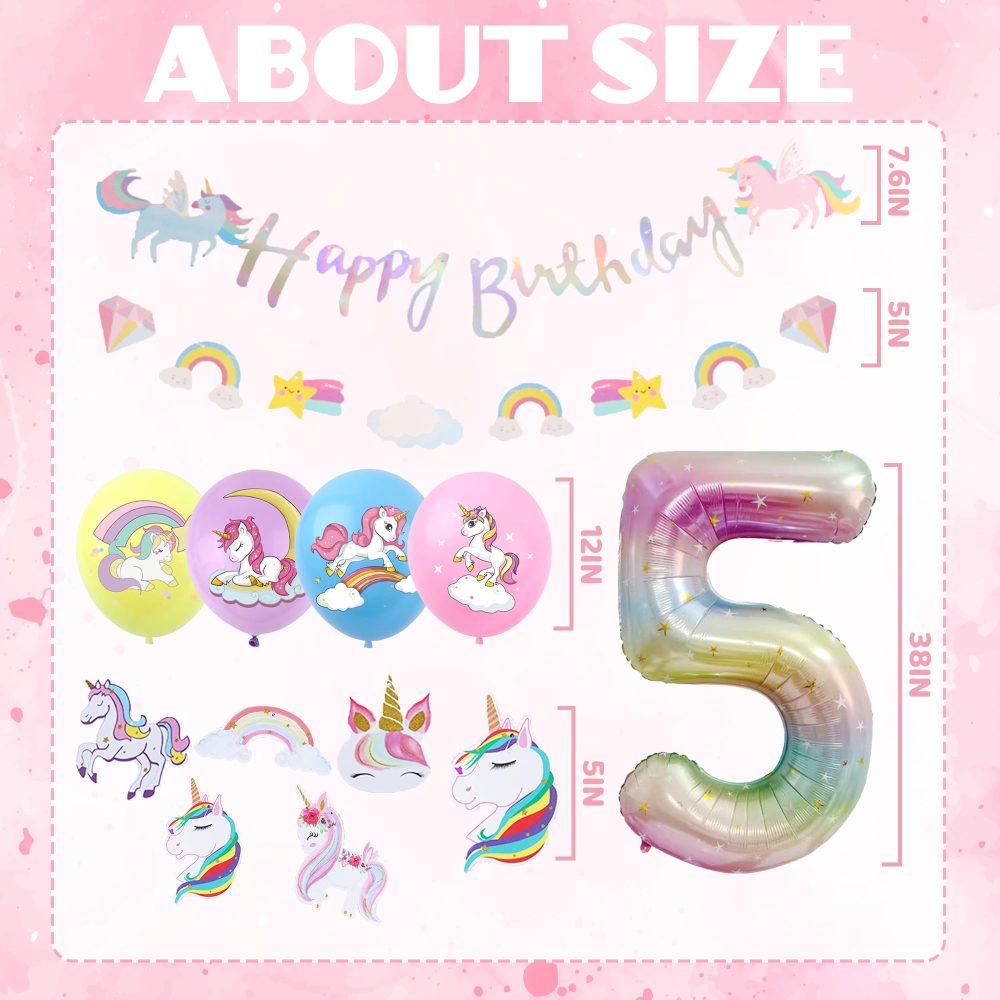 Unicorn 5th Birthday Decorations Girl - 24 Pieces Unicorn Party Decorations, Happy Birthday Banner, Number 5 Foil Balloon, Pull Flower, Hanging Swirl, Unicorn Birthday Party Supplies for Kids Girls - Image 6