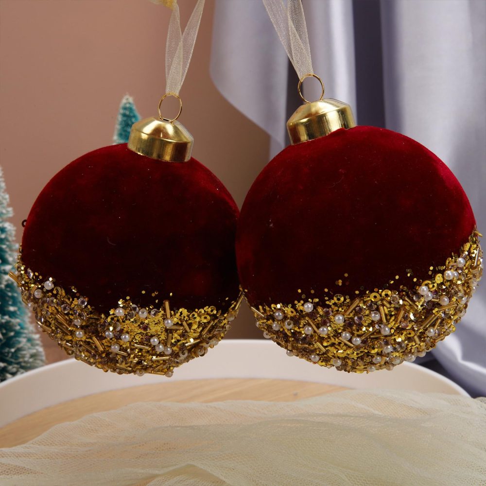 kemengsuer Red Christmas Balls Ornaments, 3inch Red Velvet Christmas Tree Hanging Balls with Gold Sequins and Pearls, Shatterproof Glitter Sequin Foam Balls for Xmas Wedding Party Decor(Wine Red) - Image 5
