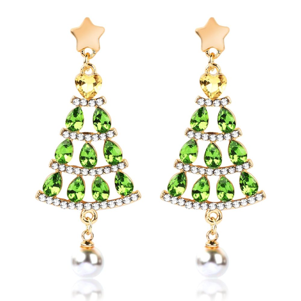 Mayoii Christmas Tree Earrings with Pearl Dangle, Shiny Zircon Christmas Earrings for Women, Girls, S925 Silver Needle Luxurious Glittering Rhinestone Christmas Festival Earrings(Green)