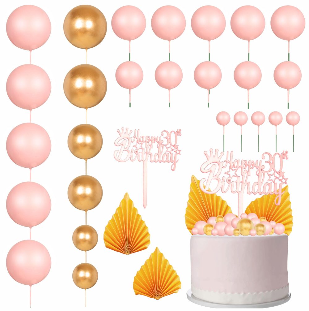 29Pcs Pink and Gold Cake Decorations for 30th Cake Topper,Pink and Gold Foam Balls Palm Leaves Cake Toppers Cake Toppers for Happy Rose 30th Birthday Anniversary Her Women Party Supplies