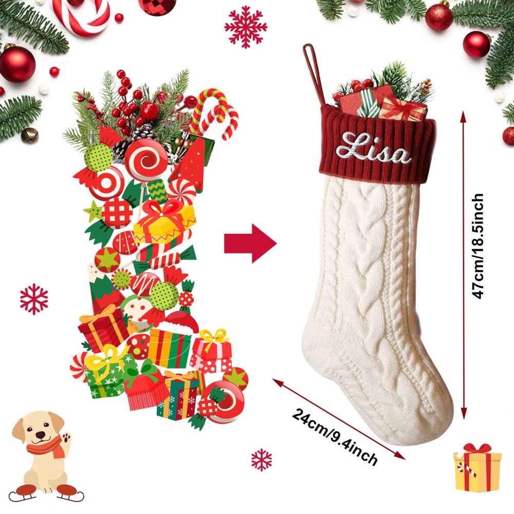 Personalized Christmas Stockings Custom Name Family Christmas Stockings 18" Large Knitted Xmas Fireplace Hanging Stocking, Stocking for Holiday Family Party Decoration, Red/Ivory White - Image 5