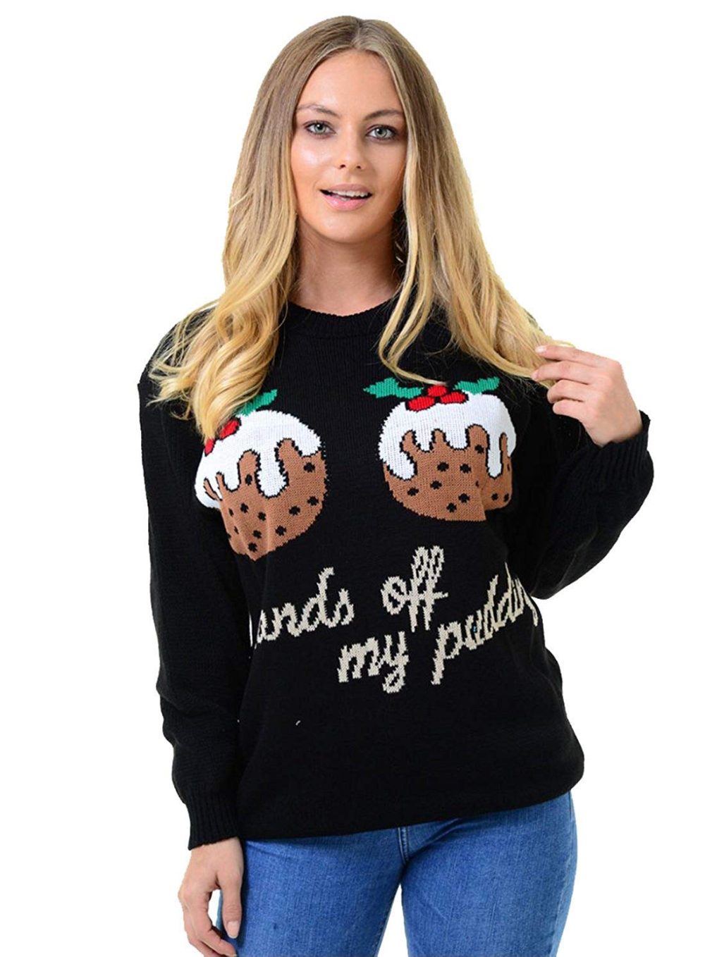 GirlzWalk ® Women Xmas Knitted Hands Off My Puddings Funny Two Cupcakes Christmas Jumper (Black, XL/UK 16-18)