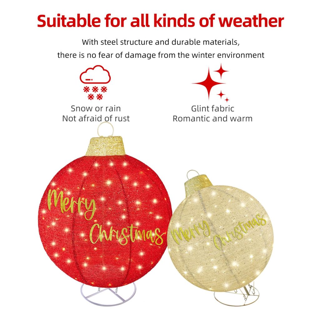 2pc Large Outdoor Christmas Ornament Set - HOYECHI Oversized Christmas Decorations Outside Pop-Up Balls, Light Up Large Balls Holiday Decor with 200 LED Lights,8 Light Functions - Red/Gold - Image 9