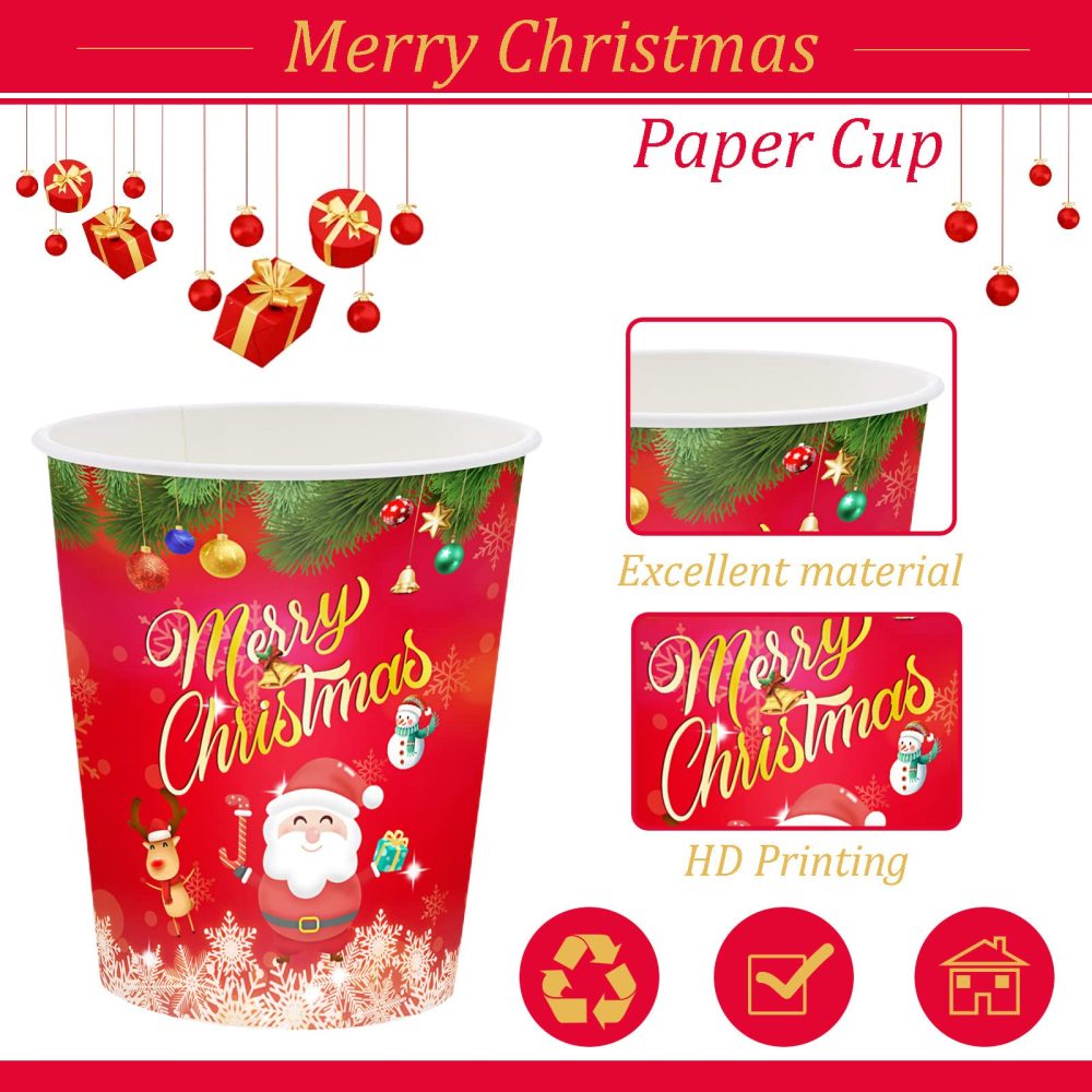 YAAVAAW 16Pcs Christmas Party Paper Cups,Merry Christmas Tableware Decor Red Santa Snowman Elk Pattern Disposable Paper Cups Xmas Dinner Cups for Birthday Christmas Party Supplies Table Decorations - Image 5