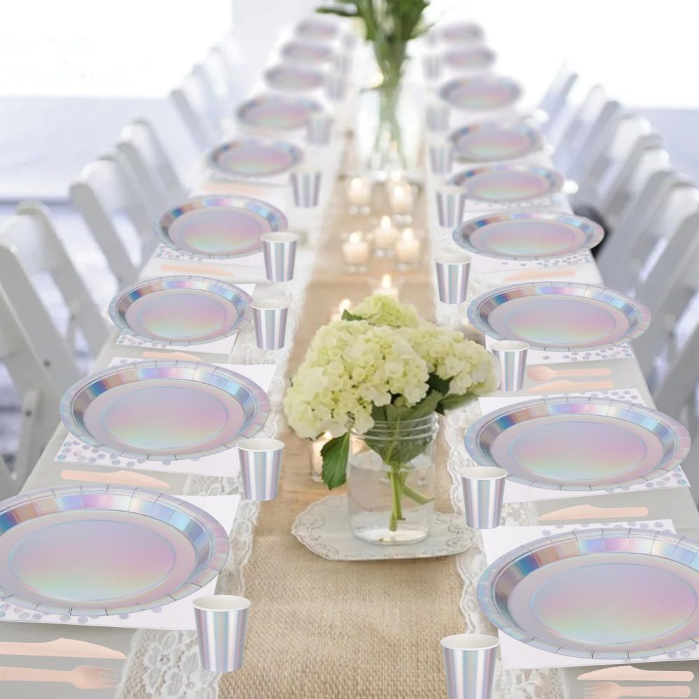 Iridescent Party Supplies Set Serve for 25 Guests, CEILIWEN 200PCS Holographic Paper Plates and Napkins Cup Set, Iridescent Party Tableware Set for Birthday Wedding Party - Image 8