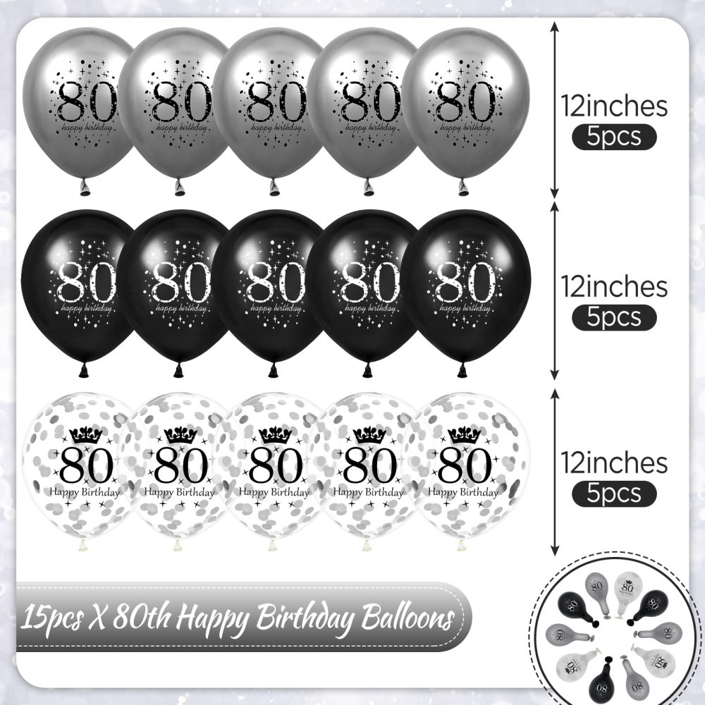 80th Birthday Balloons Decorations 15pcs Silver Black for Men Number 80 Anniversary Happy Birthday Party Latex Confetti Balloons for Men Women Adults 80th Happy Birthday Party Decor Supplies 12 Inches - Image 2
