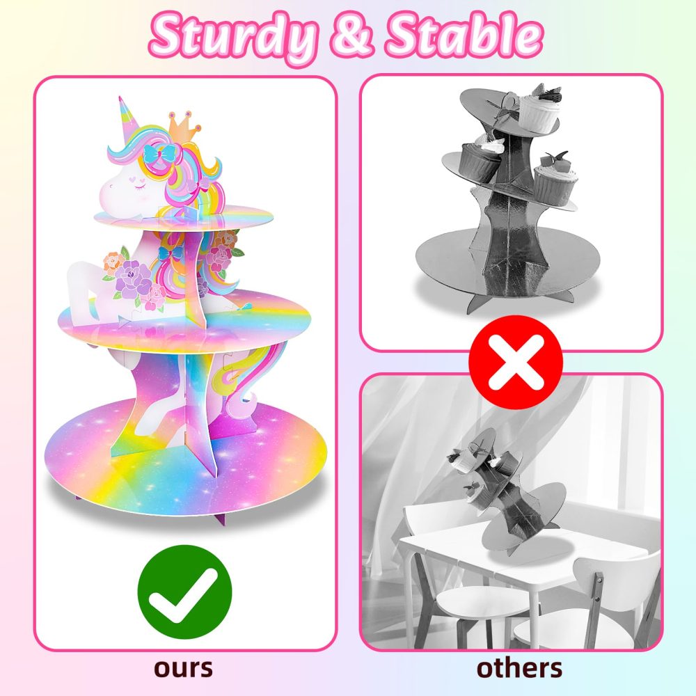 Unicorn Cupcake Stand,3-Tier Cardboard Cupcake Stand Party Decorations Unicorn Theme Cupcake Holder Decorations Unicorn Dessert Tower for Girls Kids Unicorn Theme Party Birthday Supplies - Image 4