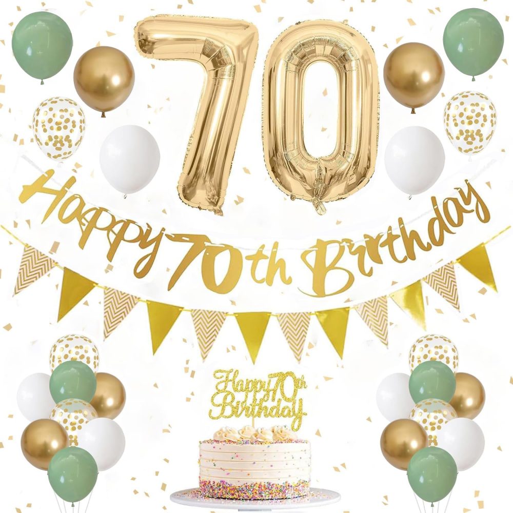 70th Birthday Decorations, Sage Green Birthday Decoration Set with Happy 70th Birthday Banner 70th Birthday Cake Decoration Number 70 Balloon for Men Women 70 Years Old Birthday (70th Birthday)