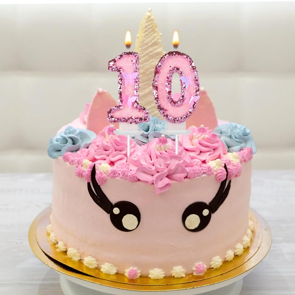 Girls Birthday Number 10 Candles, 2.95in Glitter Butterfly Happy Birthday Cake Toppers Pink Sequins Wedding Numeral Cupcake Decorations for Anniversary Celebration Party Supplies (10th) - Image 2