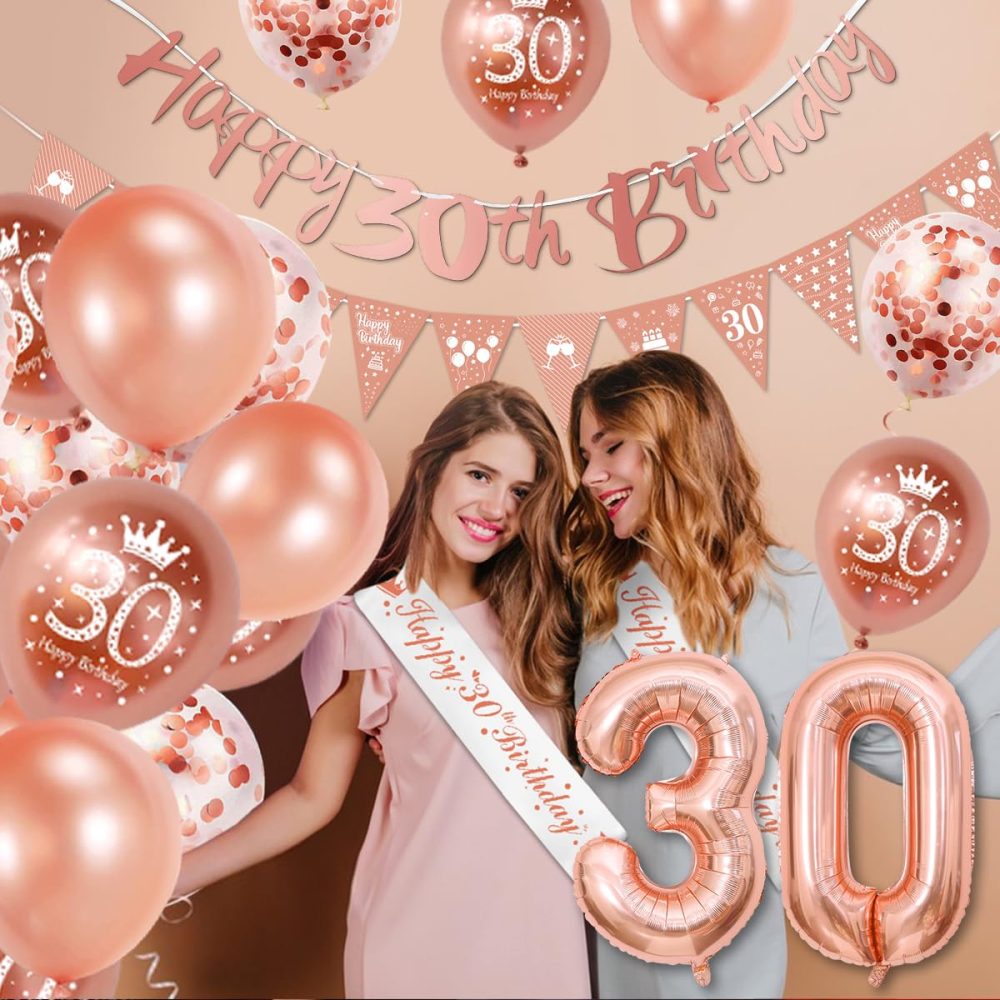 30th Birthday Decorations, Rose Gold 30th Birthday Decorations for Women,Happy 30th Birthday Banner Triangle Flag Bunting 30th Birthday Sash 30th Balloons Cake Topper for Birthday Party Decorations - Image 3