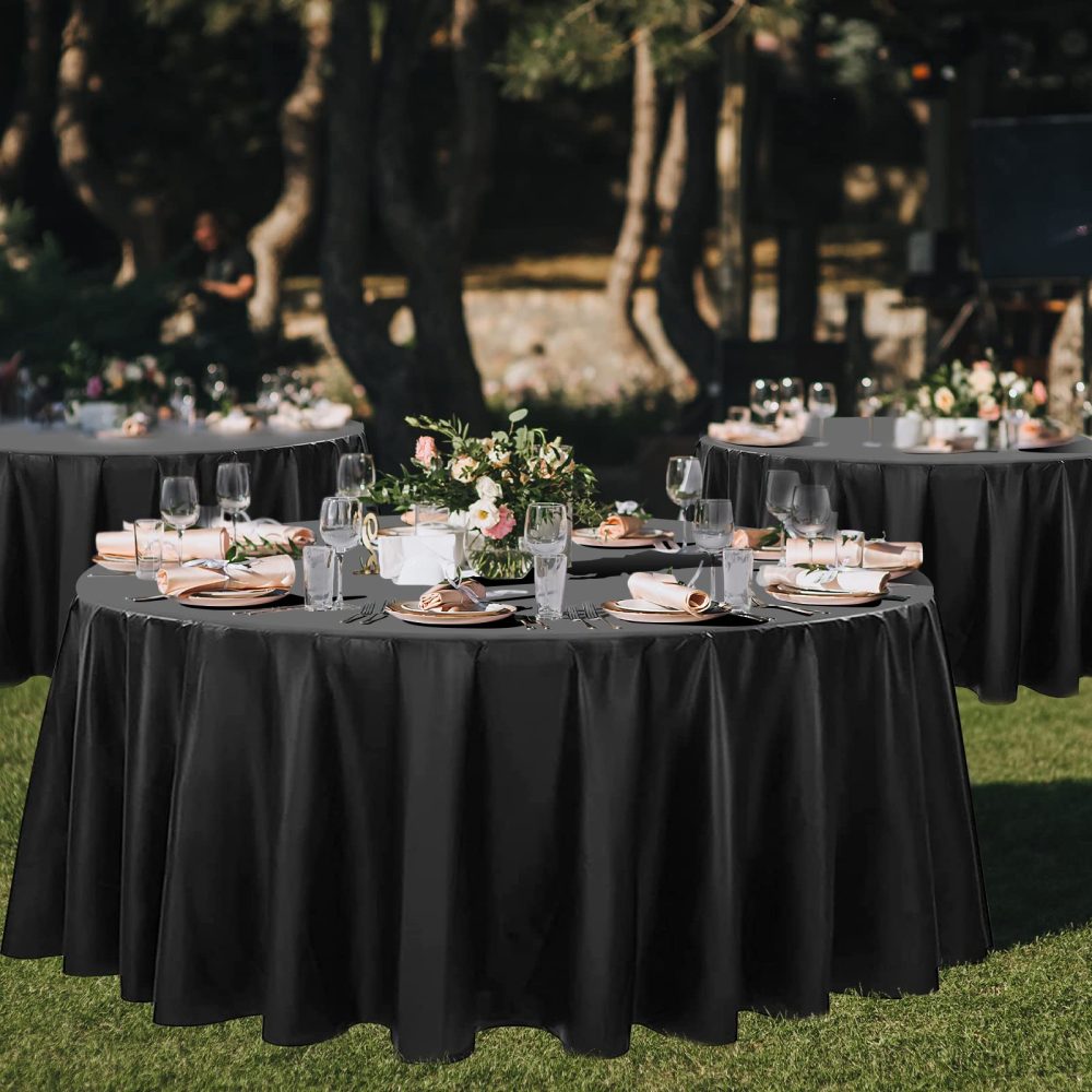 Newthinking 84 Inch Round Disposable Table Cloth Black, 8 Pack Plastic Round Disposable Tablecloth for Circular Table Wedding Banquet Party Birthday - Image 2