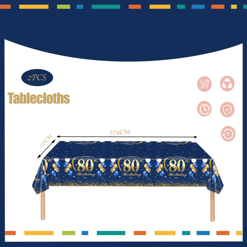 80th Birthday Table Decoration,2pcs Navy Blue Gold 80th Table Cloth,Happy 80th Birthday Tablecloth for Men Women,137*274cm Plastic Tablecloths Table Cover 80th Birthday Decorations for Him Her - Image 5