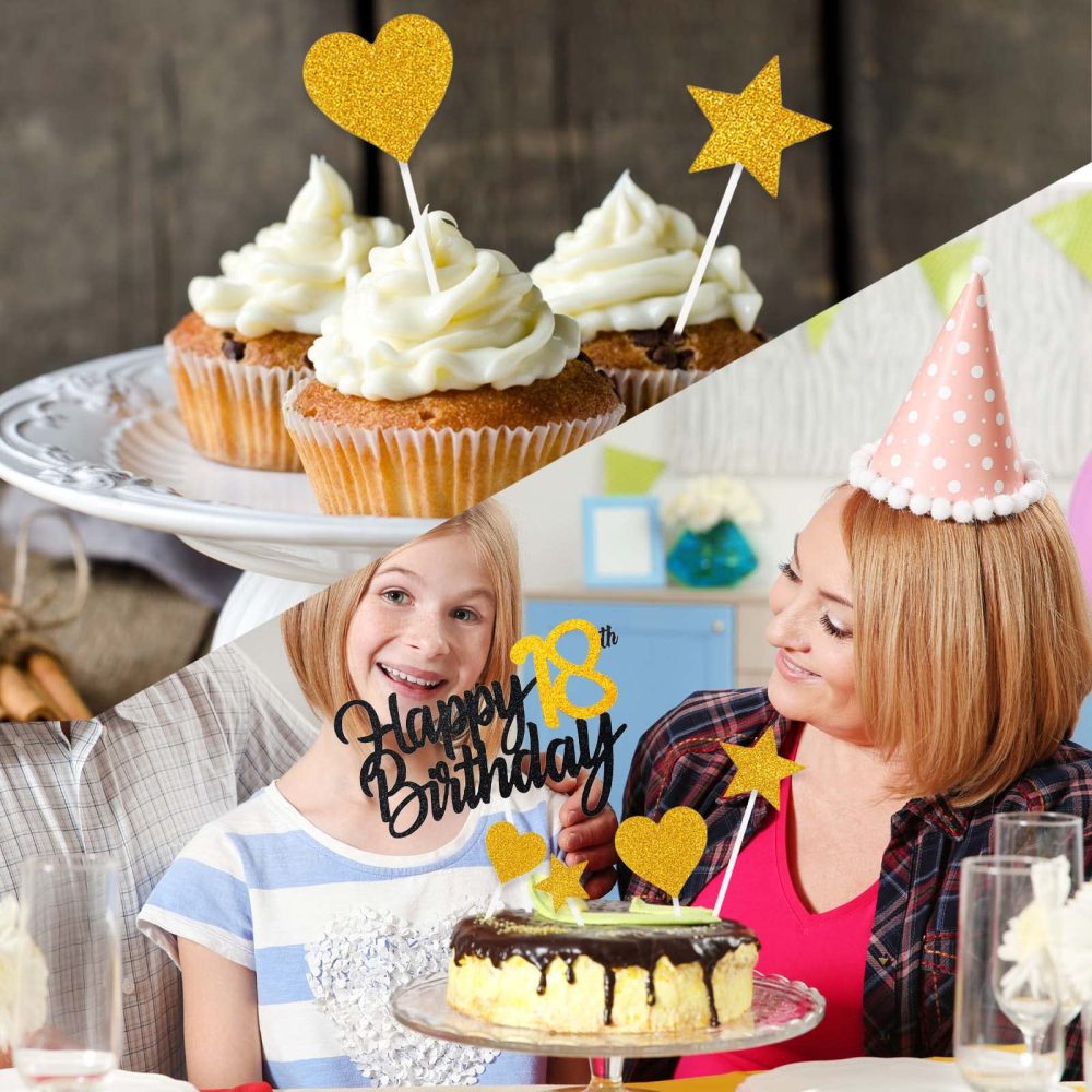 Personalised Black Gold Happy 80th Birthday Cake Topper with Gold Number 80 Birthday Candles Heart Star Cupcake Toppers Cake Decorations Set for Her Him Men Women 80th Birthday Anniversary - Pack of 9 - Image 2