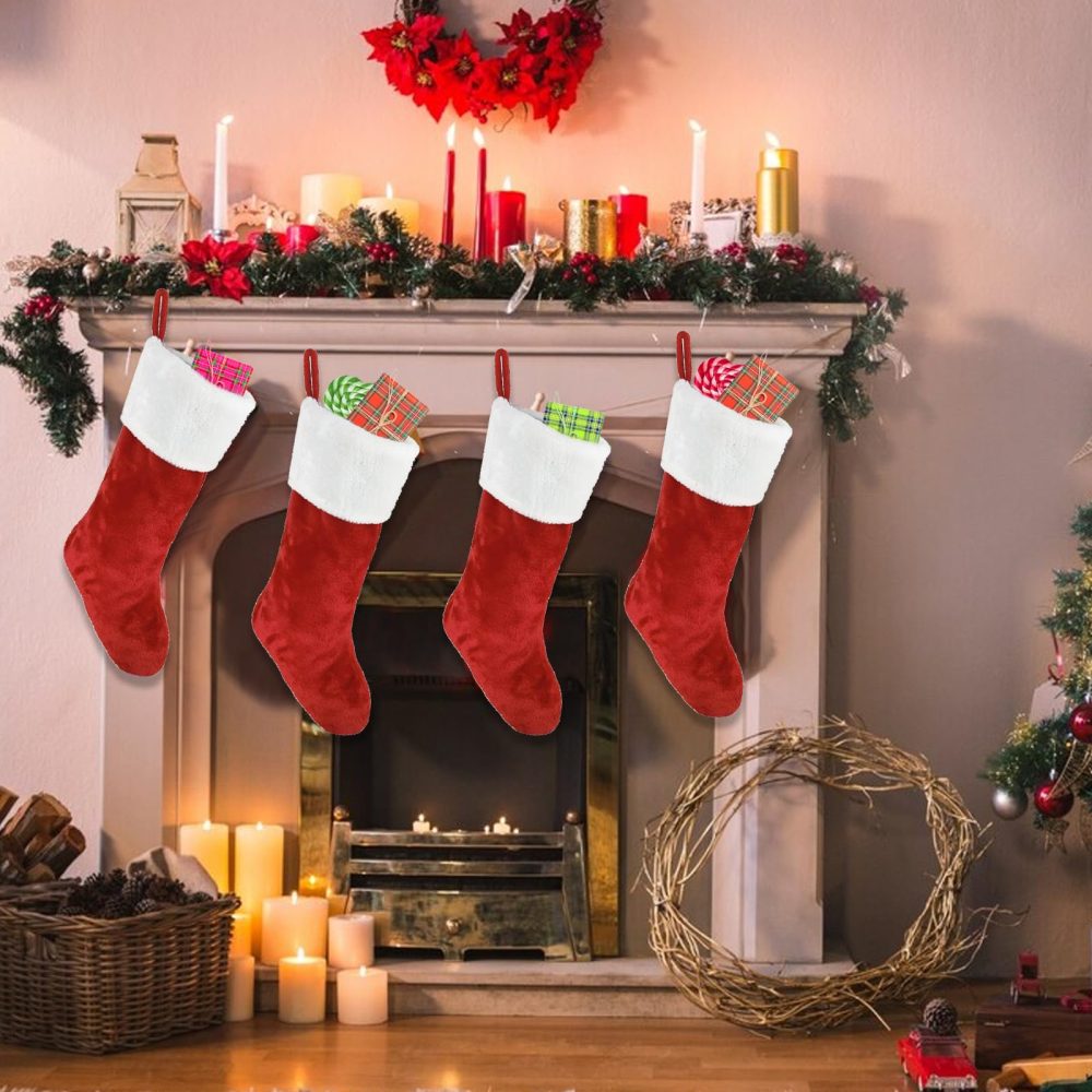 Christmas Stocking Set of 4,Plush Xmas Stockings,Personalised Christmas Stockings,Velvet Effect Stockings Christmas,Hanging Sock Candy Gift Bags for Family Christmas Holiday Decoration - Image 3