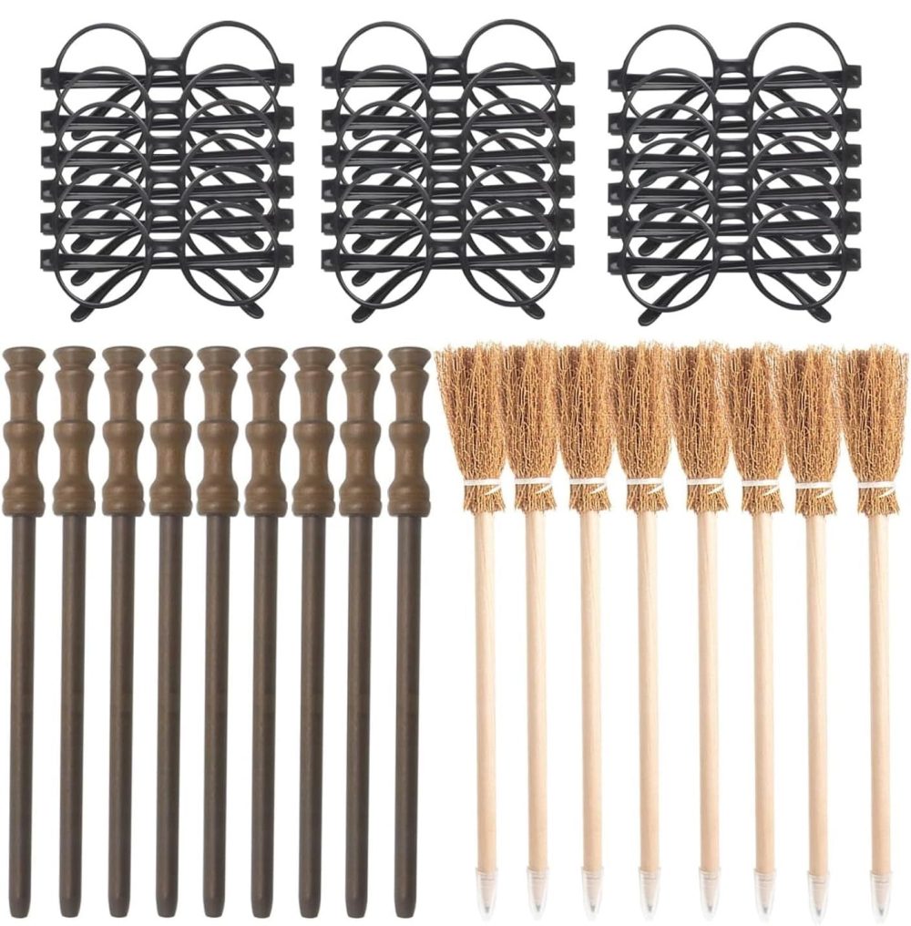 60pcs Wizard Party Supplies Kit -Wizard Glasses with Round Frame No Lenses,Witch Broom Pencil,Magic Wand Pencil,Lightning Bolt Scar Temporary Tattoo for Birthday, Halloween, Cosplay Party Decor