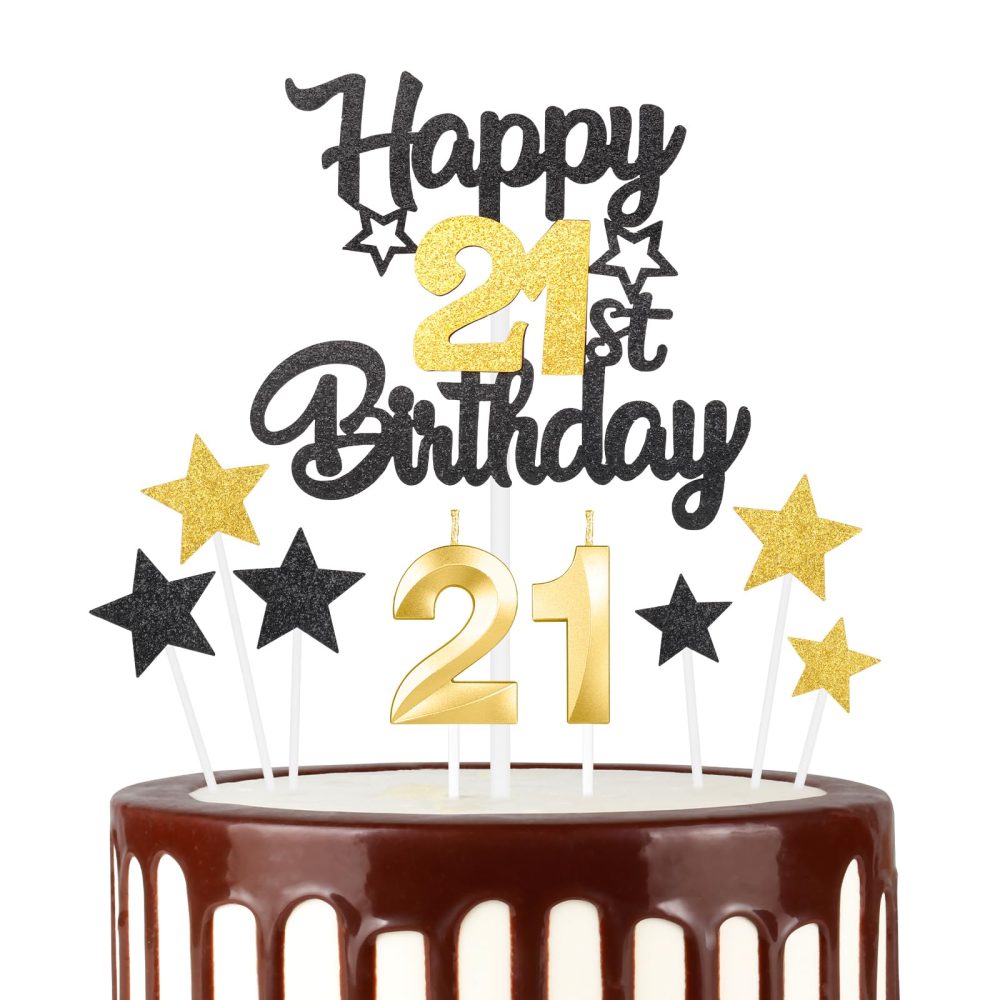 Black Gold 21th Happy Birthday Candles Cake Toppers Set, Number 21 Candle for Cake, Gold Candles for Women Men Birthday Decorations, Star Cake Toppers for Girls Boys Birthday Party Wedding Anniversary