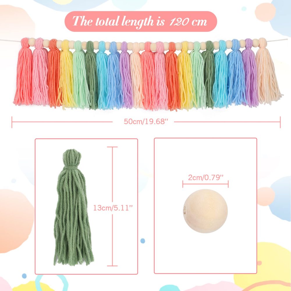 G2PLUS Rainbow Tassel Garland, Colorful Pastel Tassel Banner with 20PCS Macaron Tassels, Wall Tassle Decoration Bunting with Wood Beads for Girls Bedroom Birthday Party Decor - Image 6