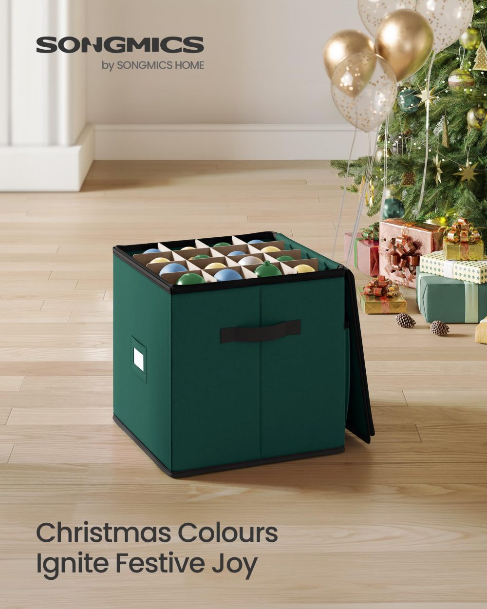 SONGMICS Christmas Decoration Storage Box, 7.6 cm 64 Slots, Stackable Christmas Bauble Storage Box with Lid, Dual Zippers, Adjustable Dividers, Non-Woven Fabric, Forest Green RFB036C01 - Image 7