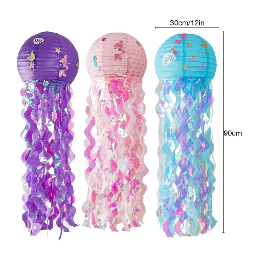 ZYOOO 3pcs Jellyfish Paper Lanterns,12in/30cm Round Hanging Lanterns for Mermaid Party,Birthday Party,Home Decoration for Kids,Girls,Ocean Lovers(Purple,Blue,Pink) - Image 6