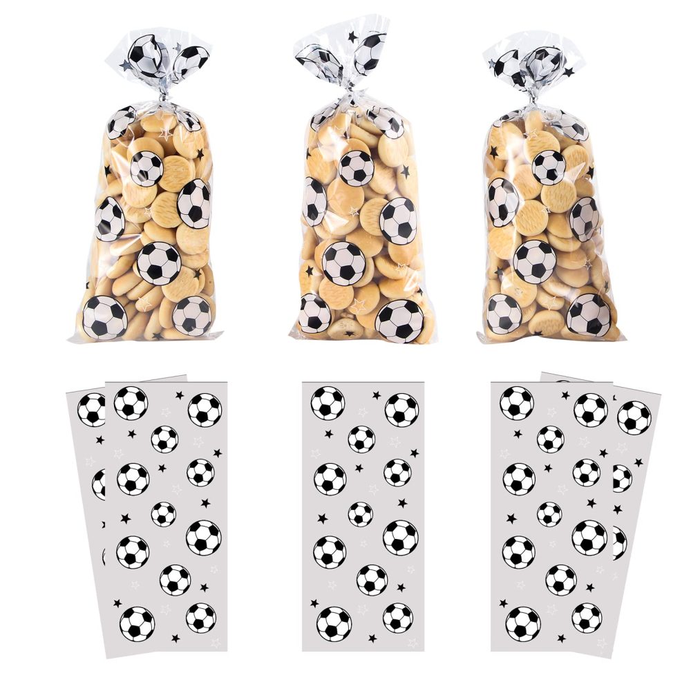 100 Pieces Clear Soccer Treat Bags Gift Bags, Soccer Party Favors Bags Soccer Cellophane Bag for Candy with 100 Pieces Silver Twist Ties