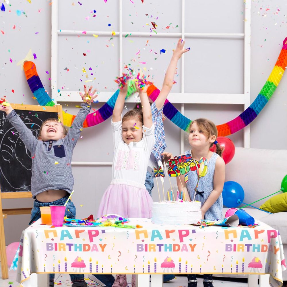 2Pack Birthday Party Table Cloth,54x72in Happy Birthday Party Tablecloth for Boys Girls White Plastic Confetti Disposable Rectangular Party Table Cover for Kids Baby Birthday Themed Party Decorations - Image 3