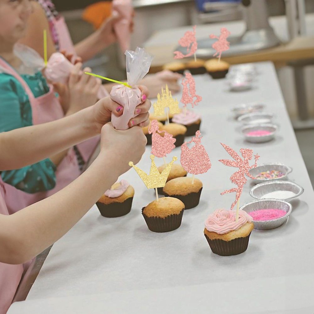 Ephlyn 24Pcs Glitter Princess Cupcake Toppers Mermaid Castle Girl Birthday Cupcake Toothpicks for Princess Mermaid Theme Baby Shower Birthday Party Cake Decorations Rose Gold - Image 3