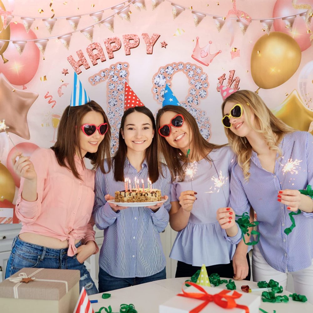 18th Happy Birthday Decoration, Rose Gold 18th Birthday Party Decoration Banners Photo Backdrop Poster Background Banners for Outdoor Indoor 18th Birthday Party Decoration Supplies - Image 2