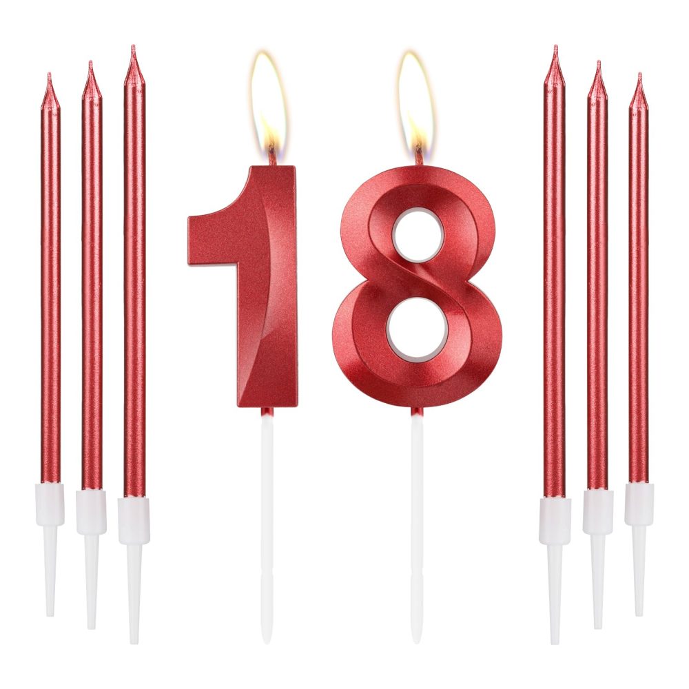 Red 18th Birthday Candles, Girls 18th Birthday Decorations, Red 3D Number 18 Candles, Red Long Candle, Red Candle Cake Topper for Girls Kids Women Birthday Party Wedding Anniversary Supplies