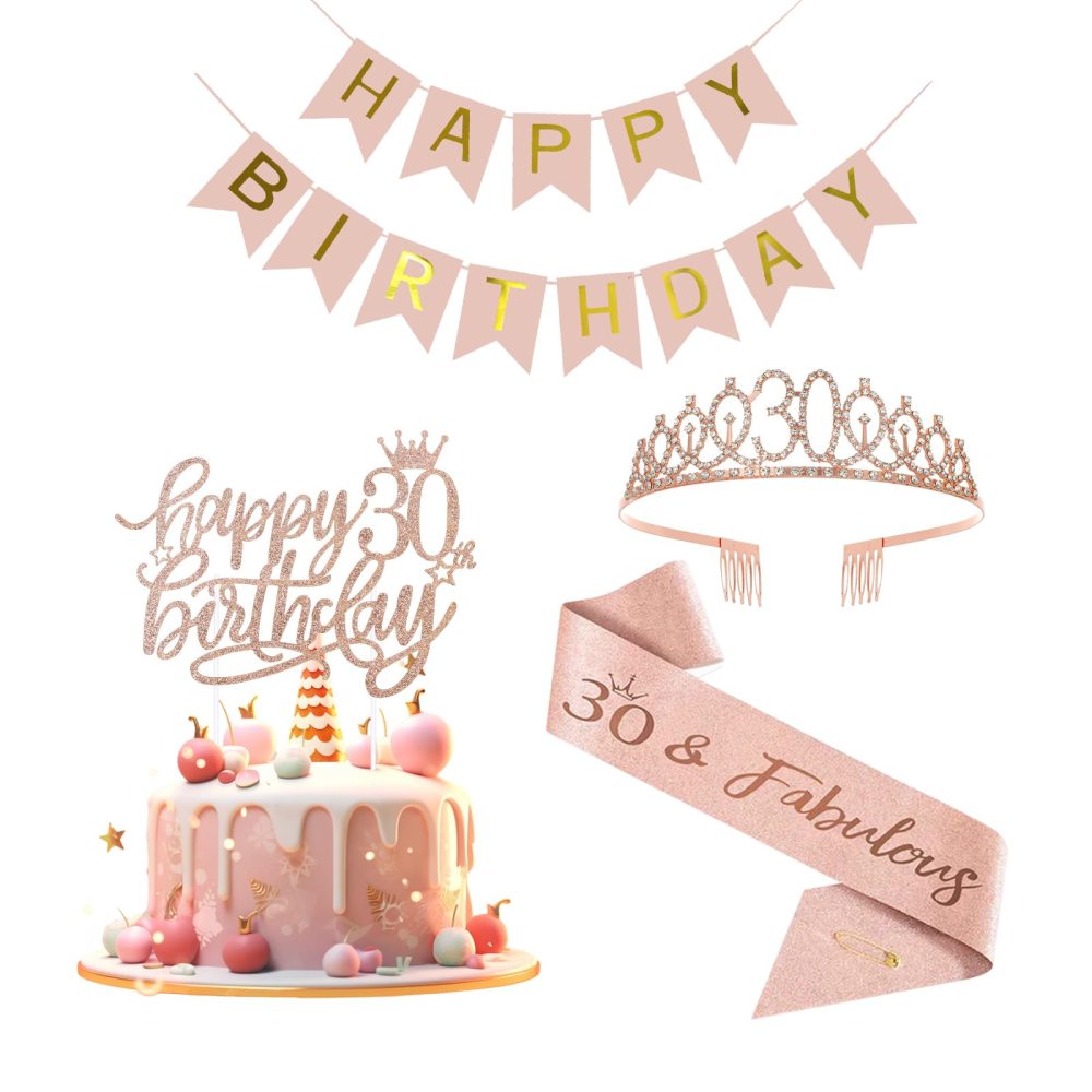 Iridsmole Rose Gold 30th Birthday Decorations for Women, 30th Birthday Sash and Tiara Rhinestone Crown, Rose Gold Happy Birthday Banner, Happy 30 Birthday Cake Topper for 30th Birthday Party Supplies